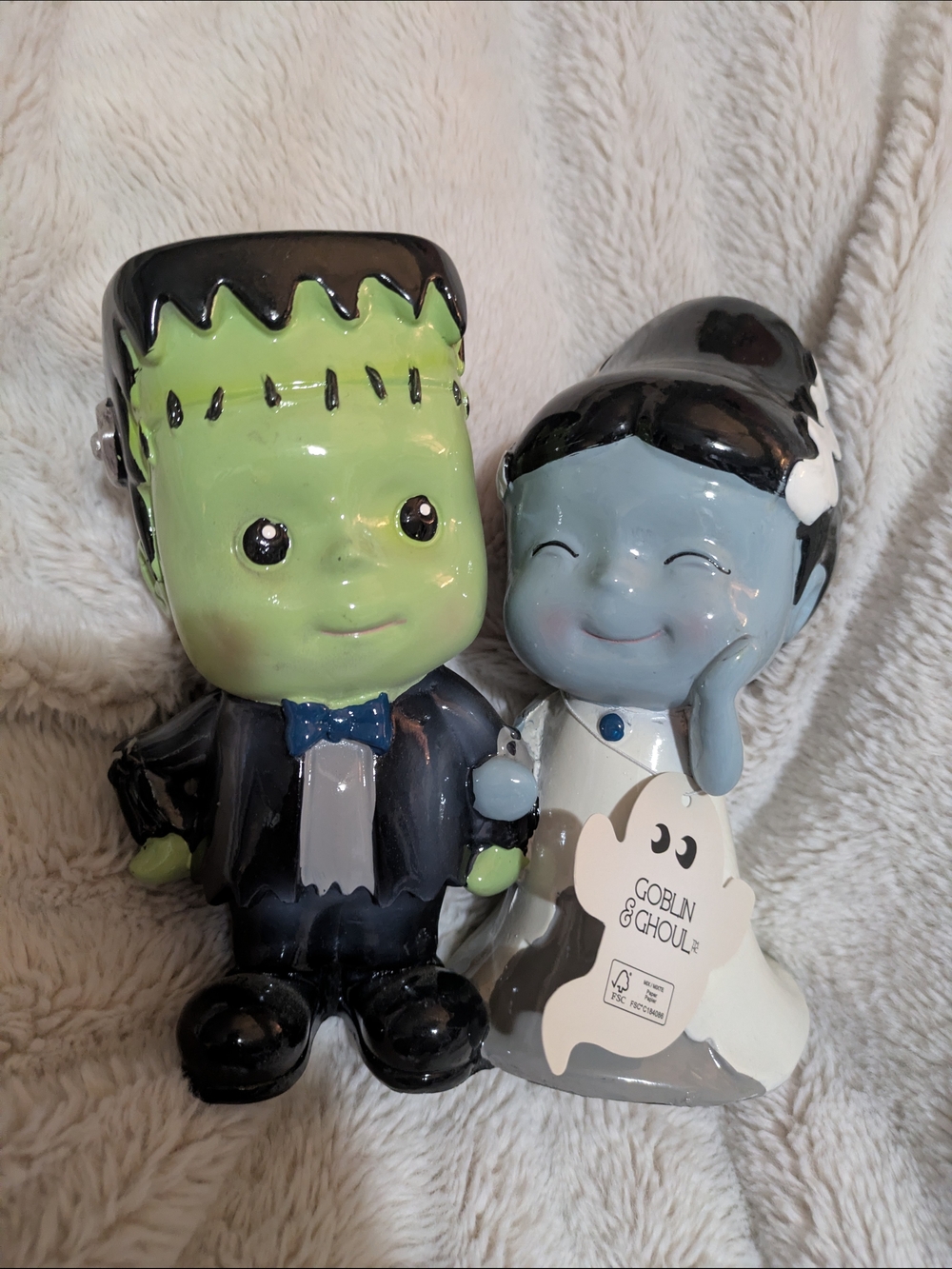 Goblin & Ghoul Ceramic Figurine Pair - Green & Light Blue